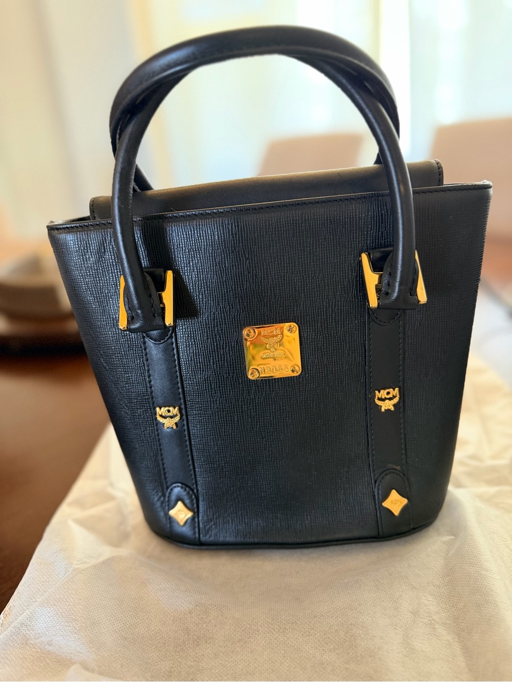 MCM Black Leather Structured Mini Satchel with Studded Gold
